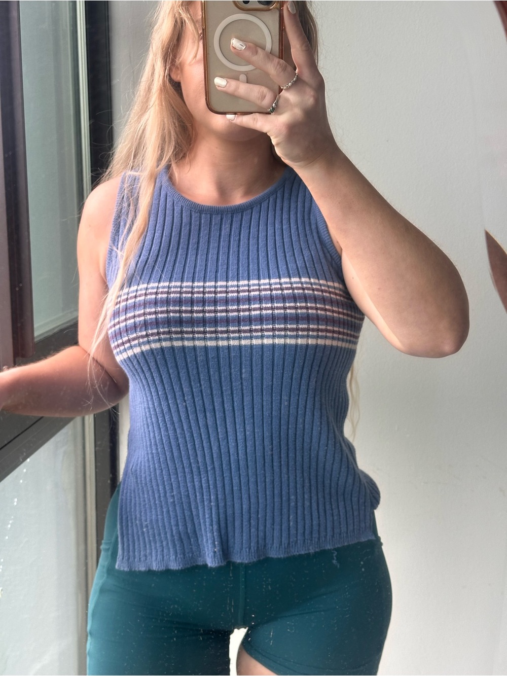 Vintage Sweater Vest Sleeveless Ribbed Knit Tank Top in Blue with Striped Detail
